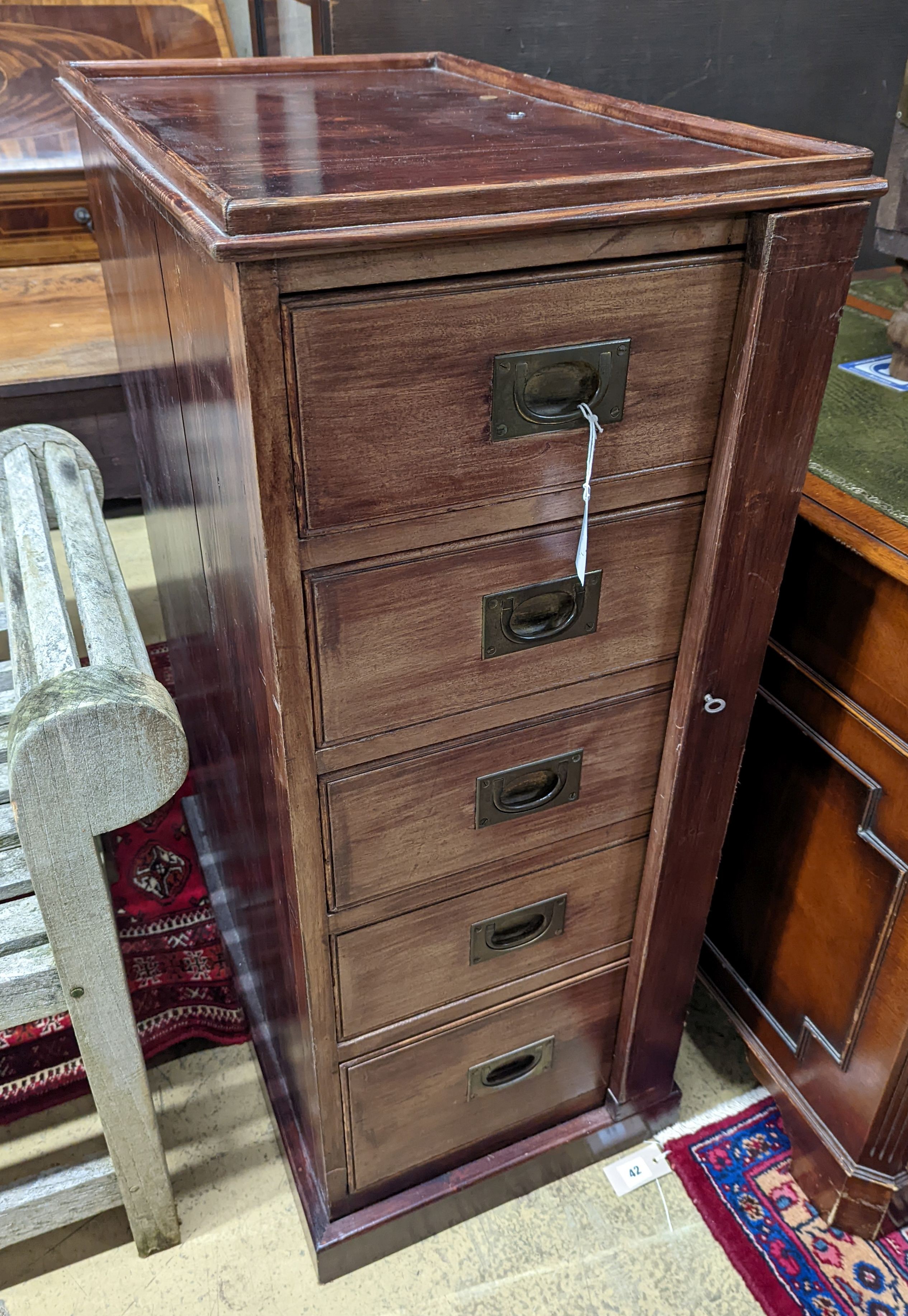 A Victorian style mahogany and pine five drawer filing chest with locking bar, width 43cm, depth 70cm, height 107cm